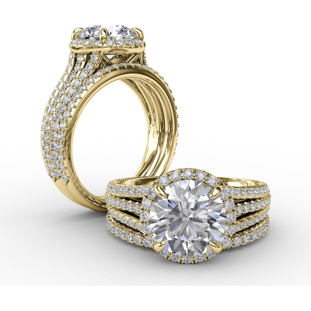 Halo Engagement Ring Setting with Triple-Row Pavé Diamond Band and Shared-Prong Round Halo by Fana - 0.82 Carat Total Diamond Weight