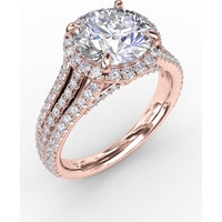 Halo Engagement Ring Setting with Triple-Row Pavé Diamond Band and Shared-Prong Round Halo by Fana - 0.82 Carat Total Diamond Weight