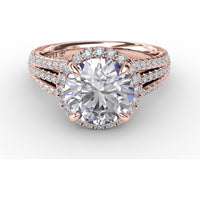 Halo Engagement Ring Setting with Triple-Row Pavé Diamond Band and Shared-Prong Round Halo by Fana - 0.82 Carat Total Diamond Weight