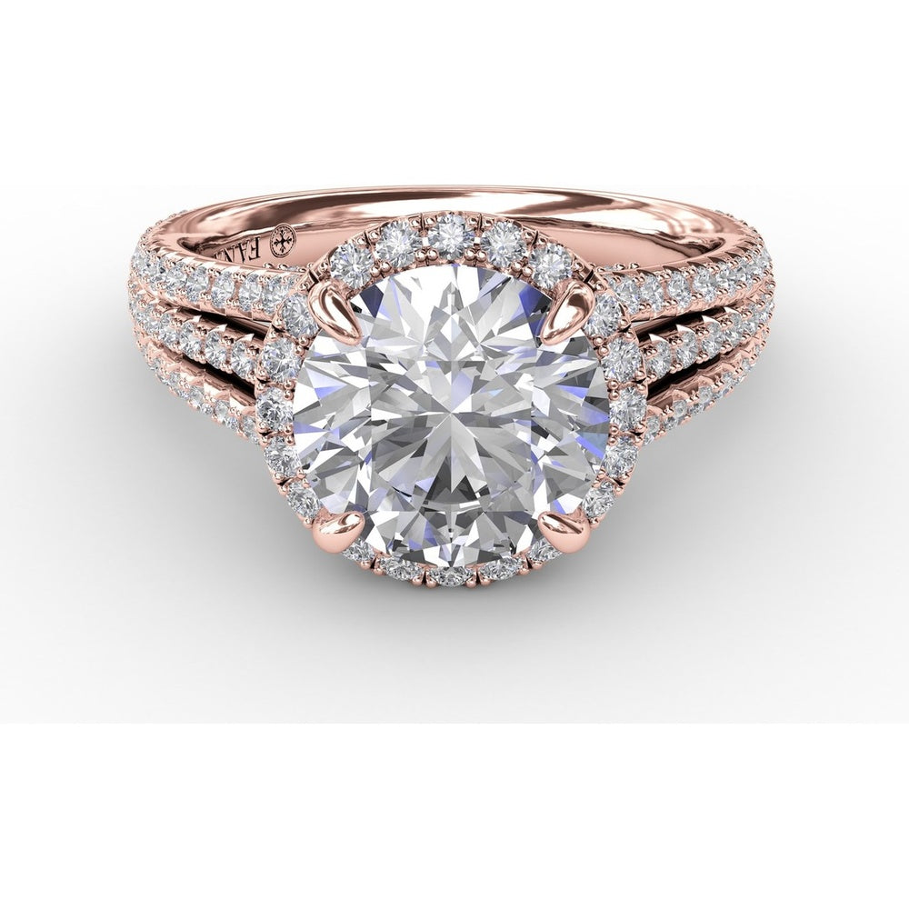Halo Engagement Ring Setting with Triple-Row Pavé Diamond Band and Shared-Prong Round Halo by Fana - 0.82 Carat Total Diamond Weight