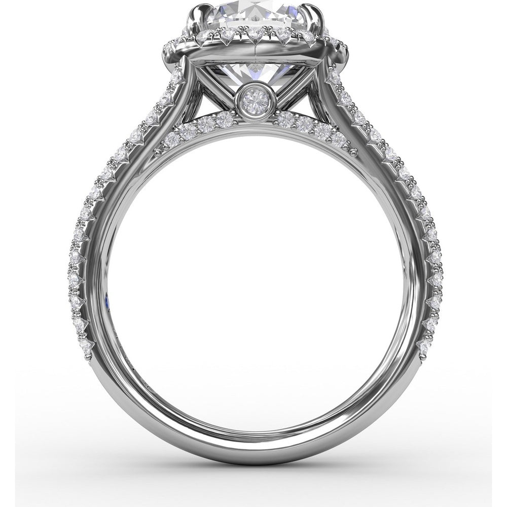 Halo Engagement Ring Setting with Triple-Row Pavé Diamond Band and Shared-Prong Round Halo by Fana - 0.82 Carat Total Diamond Weight