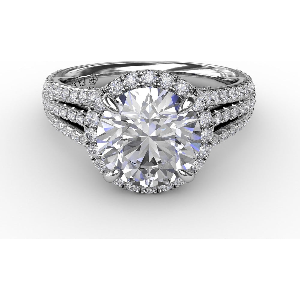Halo Engagement Ring Setting with Triple-Row Pavé Diamond Band and Shared-Prong Round Halo by Fana - 0.82 Carat Total Diamond Weight