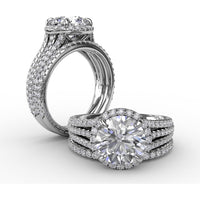 Halo Engagement Ring Setting with Triple-Row Pavé Diamond Band and Shared-Prong Round Halo by Fana - 0.82 Carat Total Diamond Weight
