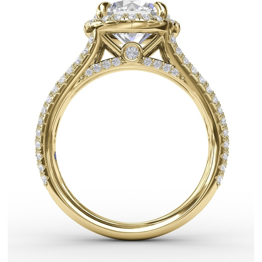 Halo Engagement Ring Setting with Triple-Row Pavé Diamond Band and Shared-Prong Round Halo by Fana - 0.82 Carat Total Diamond Weight