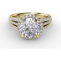 Halo Engagement Ring Setting with Triple-Row Pavé Diamond Band and Shared-Prong Round Halo by Fana - 0.82 Carat Total Diamond Weight