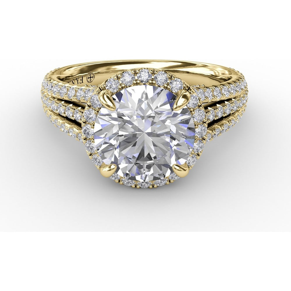 Halo Engagement Ring Setting with Triple-Row Pavé Diamond Band and Shared-Prong Round Halo by Fana - 0.82 Carat Total Diamond Weight