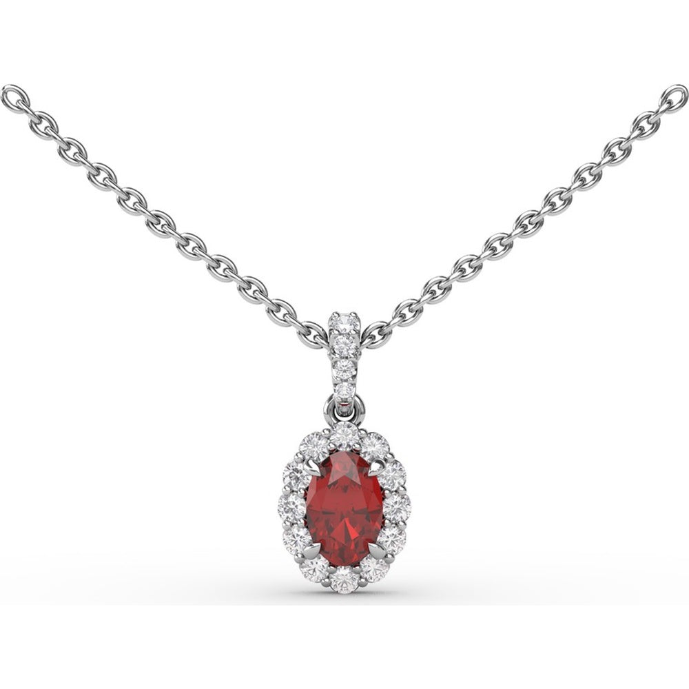 Halo Pendant Necklace with Oval Ruby and Round Diamonds by Fana - 0.88 Carat Total Gemstone Weight