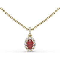 Halo Pendant Necklace with Oval Ruby and Round Diamonds by Fana - 0.88 Carat Total Gemstone Weight