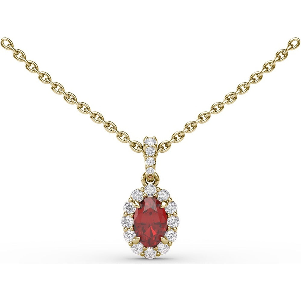 Halo Pendant Necklace with Oval Ruby and Round Diamonds by Fana - 0.88 Carat Total Gemstone Weight