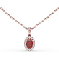 Halo Pendant Necklace with Oval Ruby and Round Diamonds by Fana - 0.88 Carat Total Gemstone Weight
