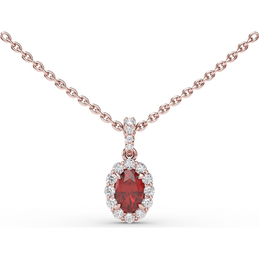 Halo Pendant Necklace with Oval Ruby and Round Diamonds by Fana - 0.88 Carat Total Gemstone Weight