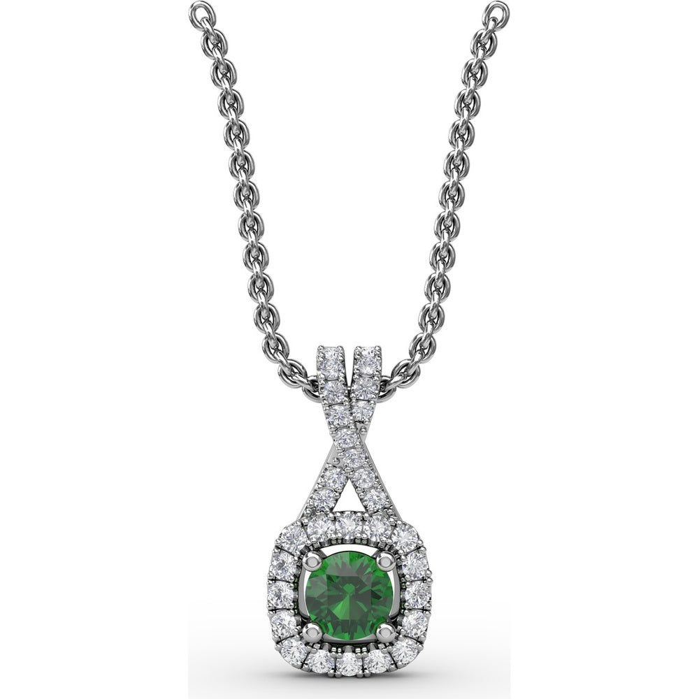 Halo Pendant with Cushion Cut Emerald and Pavé Diamond Bail by Fana - 0.45 Carat Total Gemstone Weight