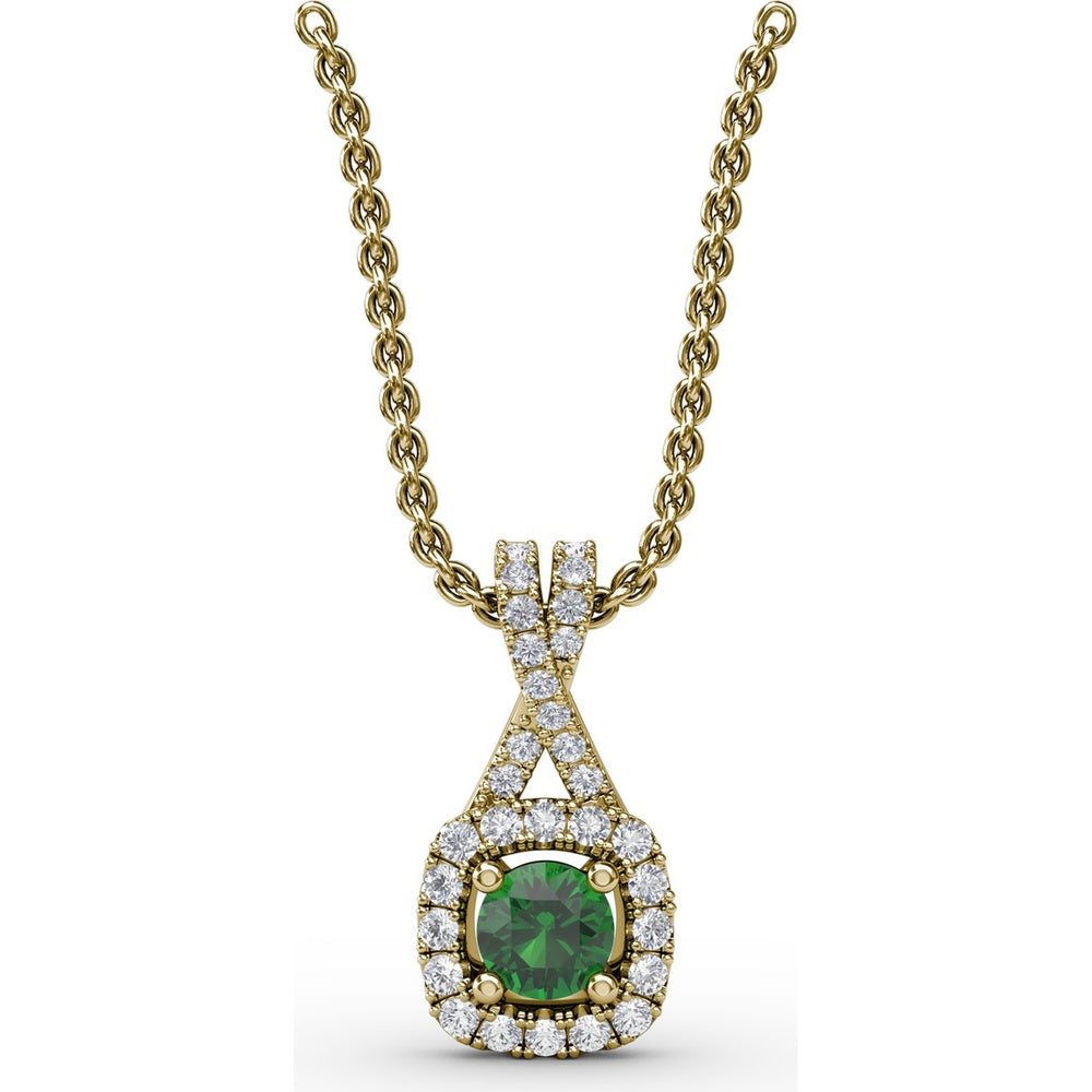 Halo Pendant with Cushion Cut Emerald and Pavé Diamond Bail by Fana - 0.45 Carat Total Gemstone Weight