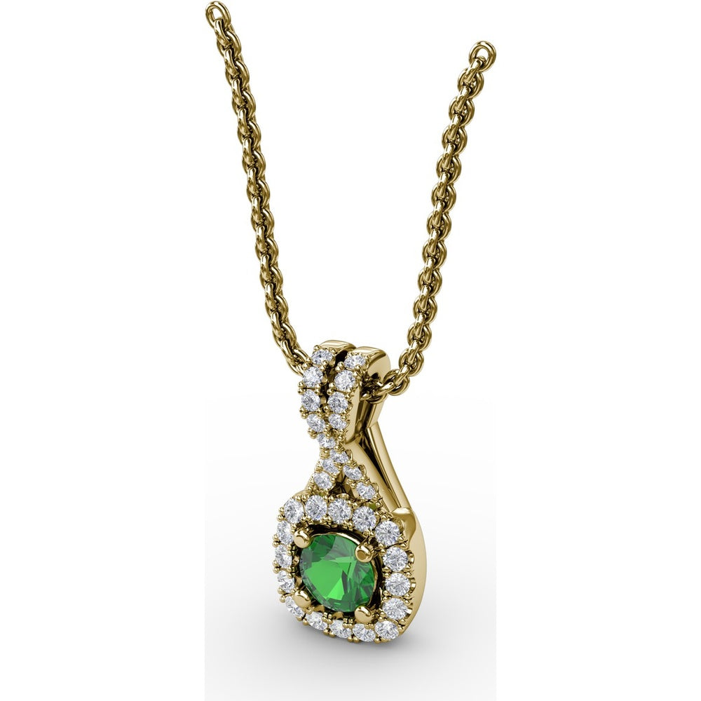 Halo Pendant with Cushion Cut Emerald and Pavé Diamond Bail by Fana - 0.45 Carat Total Gemstone Weight