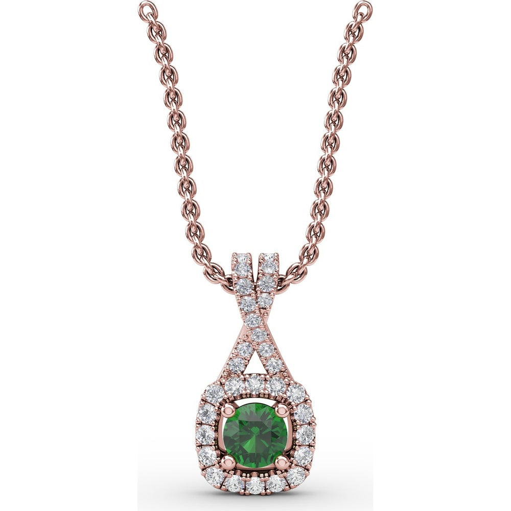 Halo Pendant with Cushion Cut Emerald and Pavé Diamond Bail by Fana - 0.45 Carat Total Gemstone Weight