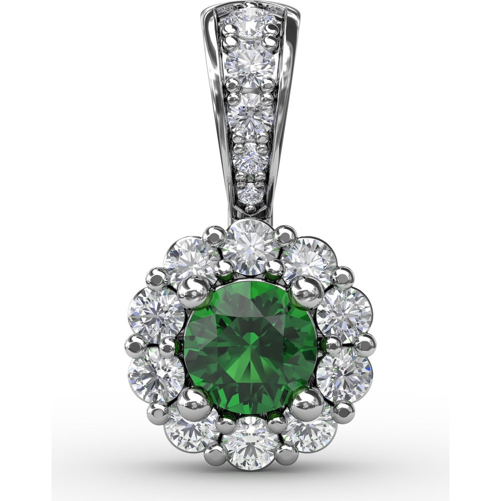 Halo Pendant with Round Emerald and Pavé Diamond Bail by Fana - 0.50 Carat Total Gemstone Weight
