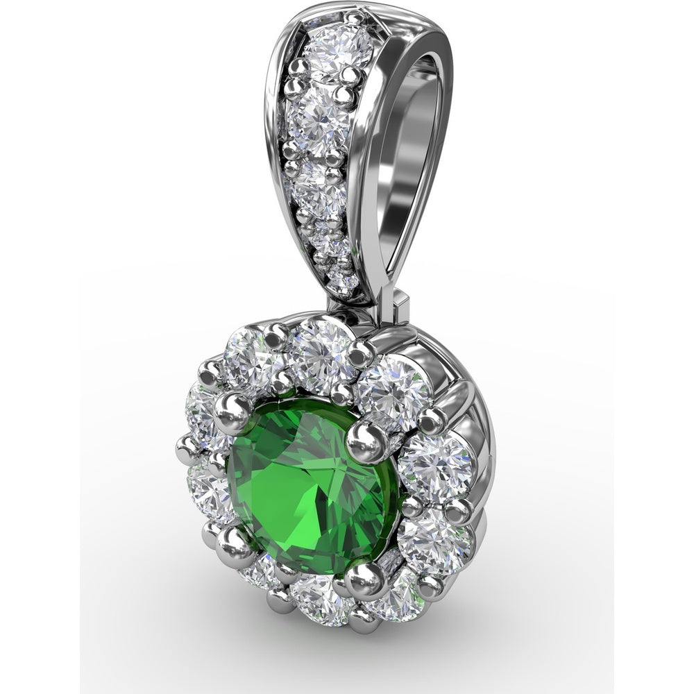 Halo Pendant with Round Emerald and Pavé Diamond Bail by Fana - 0.50 Carat Total Gemstone Weight