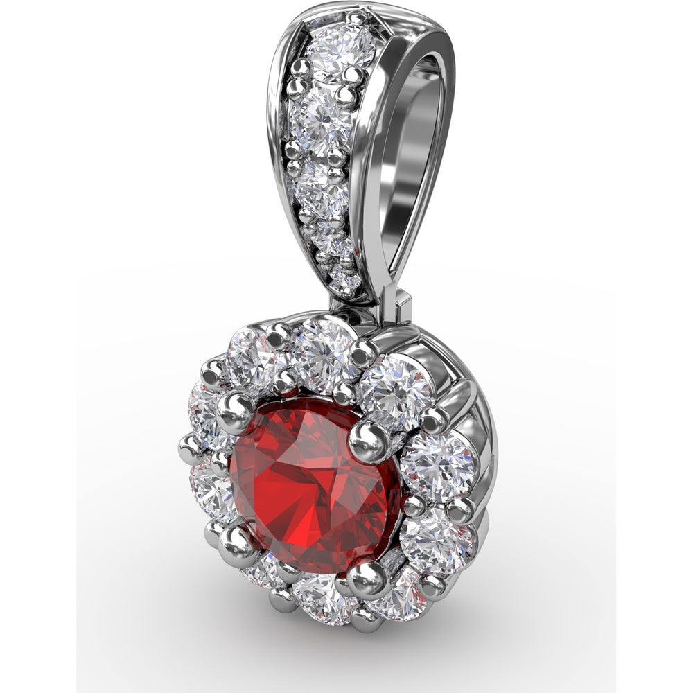 Halo Pendant with Round Ruby and Pavé Diamond Bail by Fana - 0.59 Carat Total Gemstone Weight