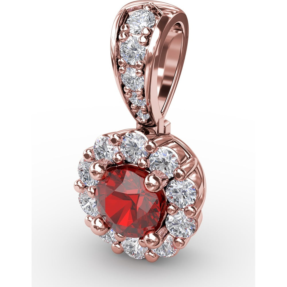 Halo Pendant with Round Ruby and Pavé Diamond Bail by Fana - 0.59 Carat Total Gemstone Weight