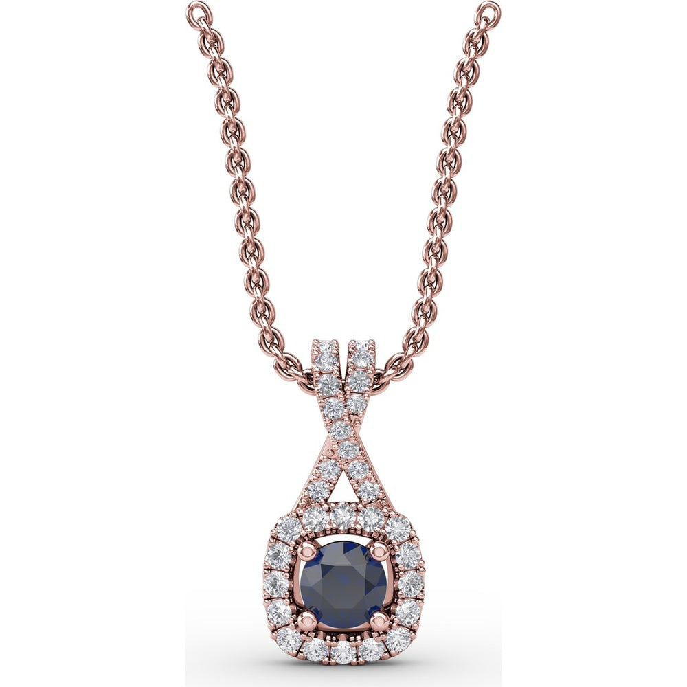 Halo Pendant with Round Sapphire and Pavé Diamond Setting by Fana - 0.54 Carat Total Gemstone Weight