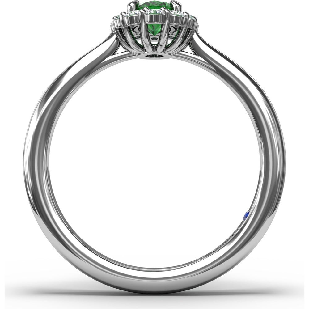 Halo Ring with Oval Emerald and Round Diamond Accents by Fana - 0.67 Carat Total Diamond Weight