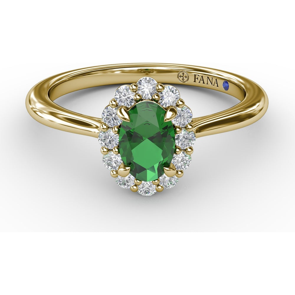 Halo Ring with Oval Emerald and Round Diamond Accents by Fana - 0.67 Carat Total Diamond Weight