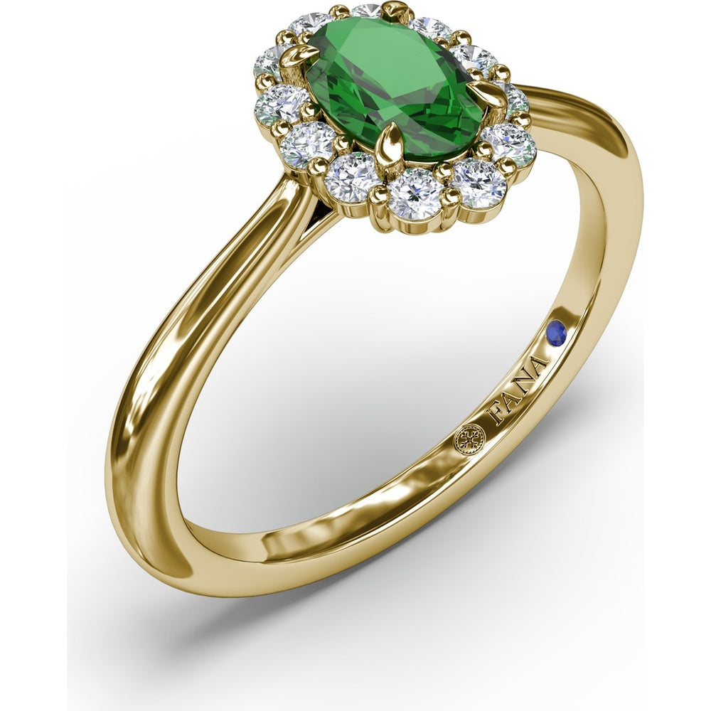 Halo Ring with Oval Emerald and Round Diamond Accents by Fana - 0.67 Carat Total Diamond Weight
