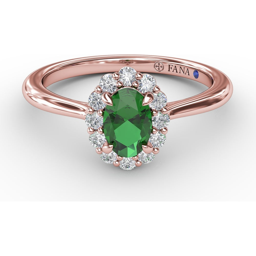 Halo Ring with Oval Emerald and Round Diamond Accents by Fana - 0.67 Carat Total Diamond Weight