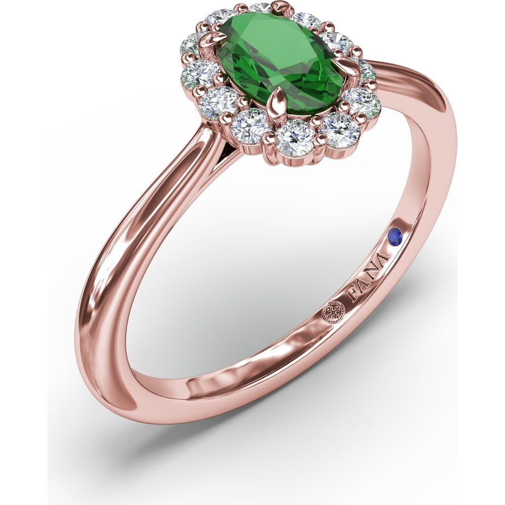 Halo Ring with Oval Emerald and Round Diamond Accents by Fana - 0.67 Carat Total Diamond Weight