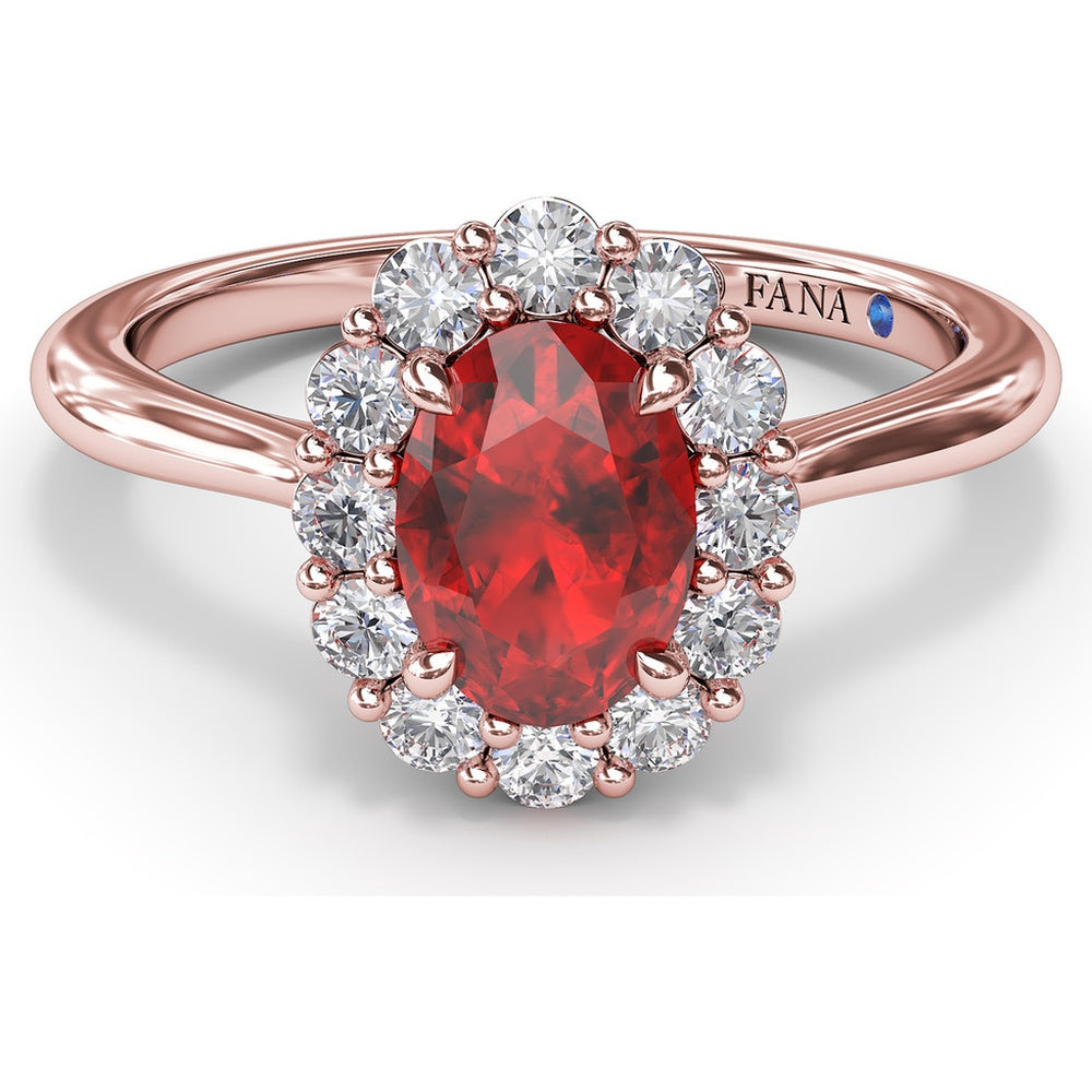 Halo Ring with Oval Ruby and Round Diamonds by Fana - 1.34 Carat Total Gemstone Weight