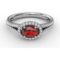 Halo Ruby Ring with Pavé Diamond Split Shank by Fana - 0.92 Carat Total Gemstone Weight