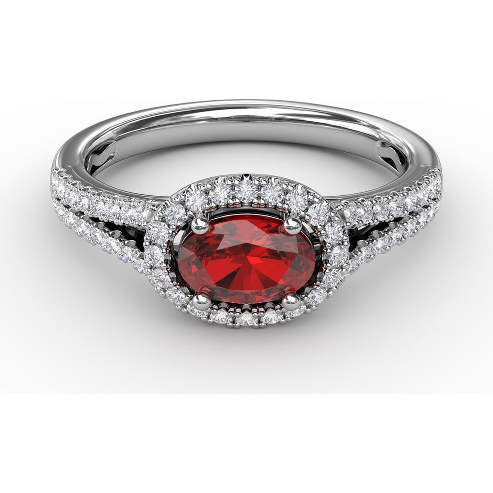 Halo Ruby Ring with Pavé Diamond Split Shank by Fana - 0.92 Carat Total Gemstone Weight