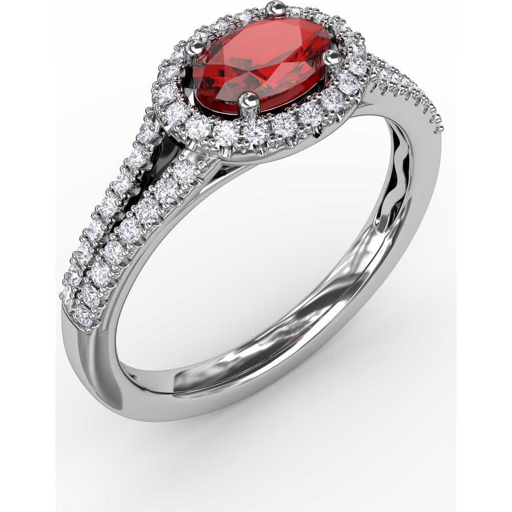 Halo Ruby Ring with Pavé Diamond Split Shank by Fana - 0.92 Carat Total Gemstone Weight