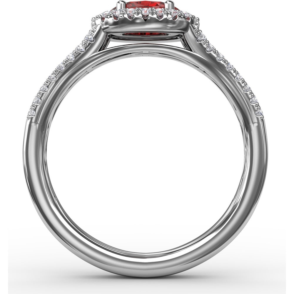 Halo Ruby Ring with Pavé Diamond Split Shank by Fana - 0.92 Carat Total Gemstone Weight