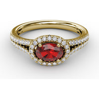 Halo Ruby Ring with Pavé Diamond Split Shank by Fana - 0.92 Carat Total Gemstone Weight
