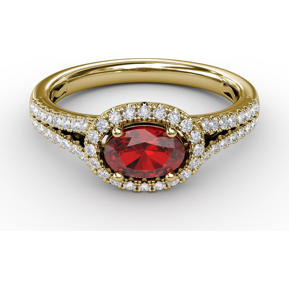 Halo Ruby Ring with Pavé Diamond Split Shank by Fana - 0.92 Carat Total Gemstone Weight