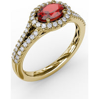 Halo Ruby Ring with Pavé Diamond Split Shank by Fana - 0.92 Carat Total Gemstone Weight