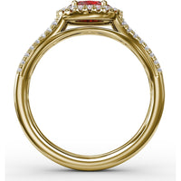 Halo Ruby Ring with Pavé Diamond Split Shank by Fana - 0.92 Carat Total Gemstone Weight