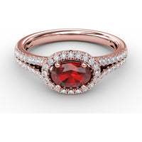 Halo Ruby Ring with Pavé Diamond Split Shank by Fana - 0.92 Carat Total Gemstone Weight