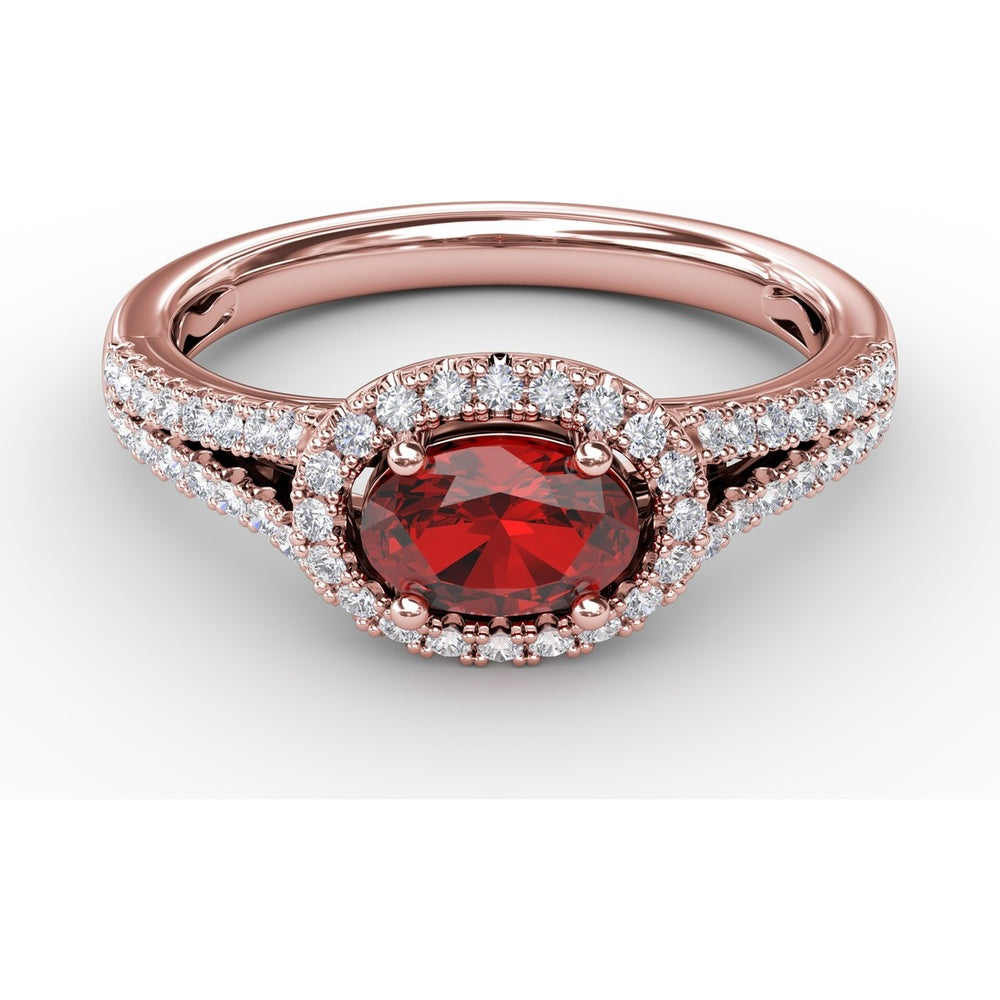 Halo Ruby Ring with Pavé Diamond Split Shank by Fana - 0.92 Carat Total Gemstone Weight