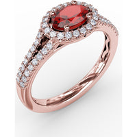 Halo Ruby Ring with Pavé Diamond Split Shank by Fana - 0.92 Carat Total Gemstone Weight