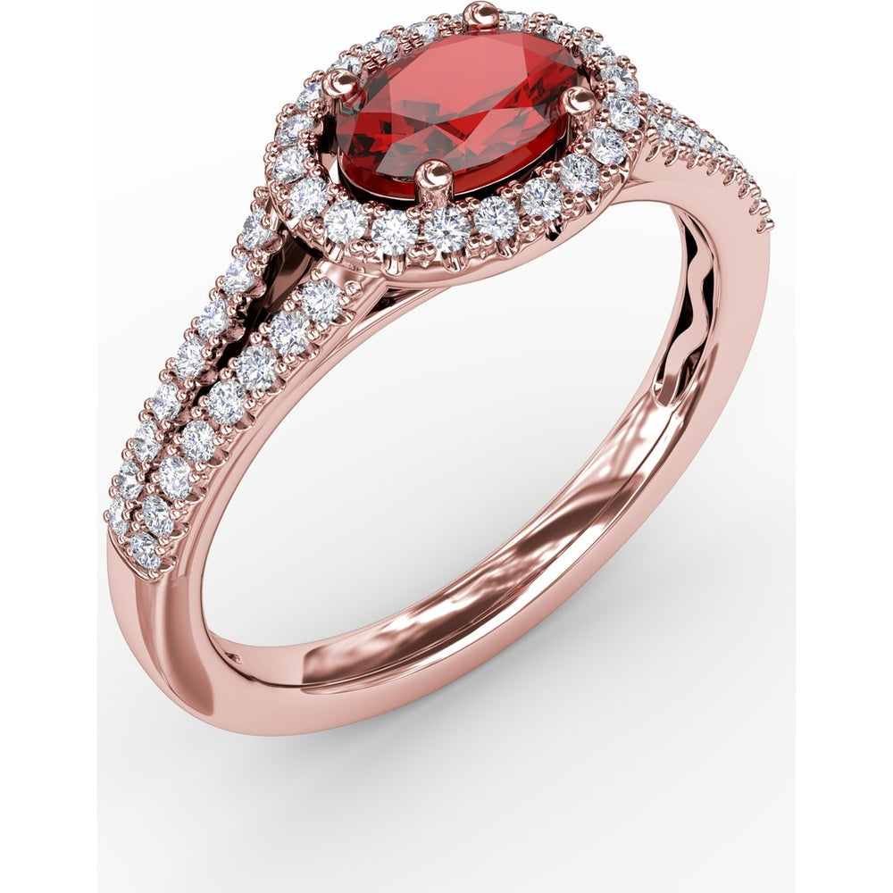 Halo Ruby Ring with Pavé Diamond Split Shank by Fana - 0.92 Carat Total Gemstone Weight