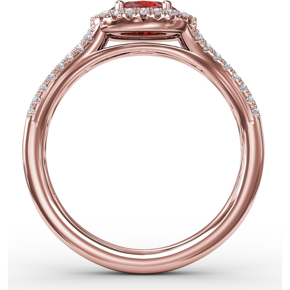 Halo Ruby Ring with Pavé Diamond Split Shank by Fana - 0.92 Carat Total Gemstone Weight