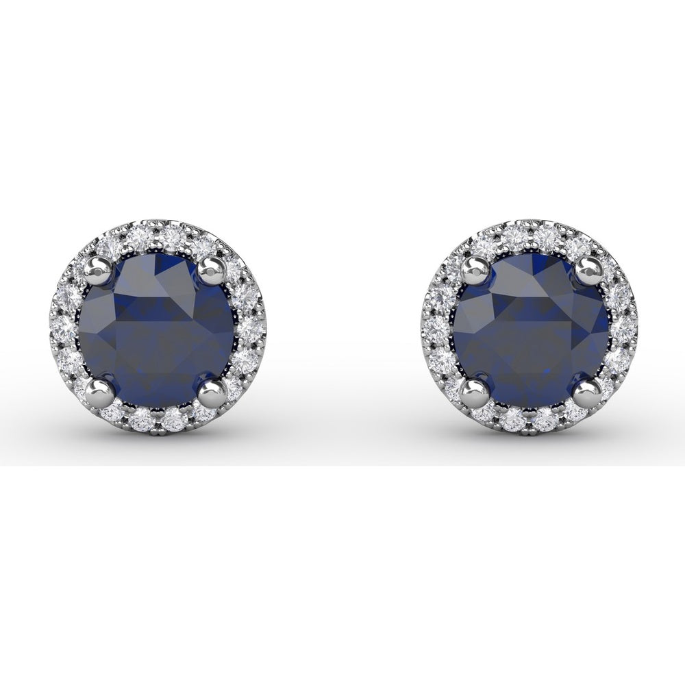 Halo Stud Earrings with Round Blue Sapphires and Pavé Diamond Surround by Fana - 1.50 Carat Total Gemstone Weight