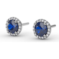 Halo Stud Earrings with Round Blue Sapphires and Pavé Diamond Surround by Fana - 1.50 Carat Total Gemstone Weight