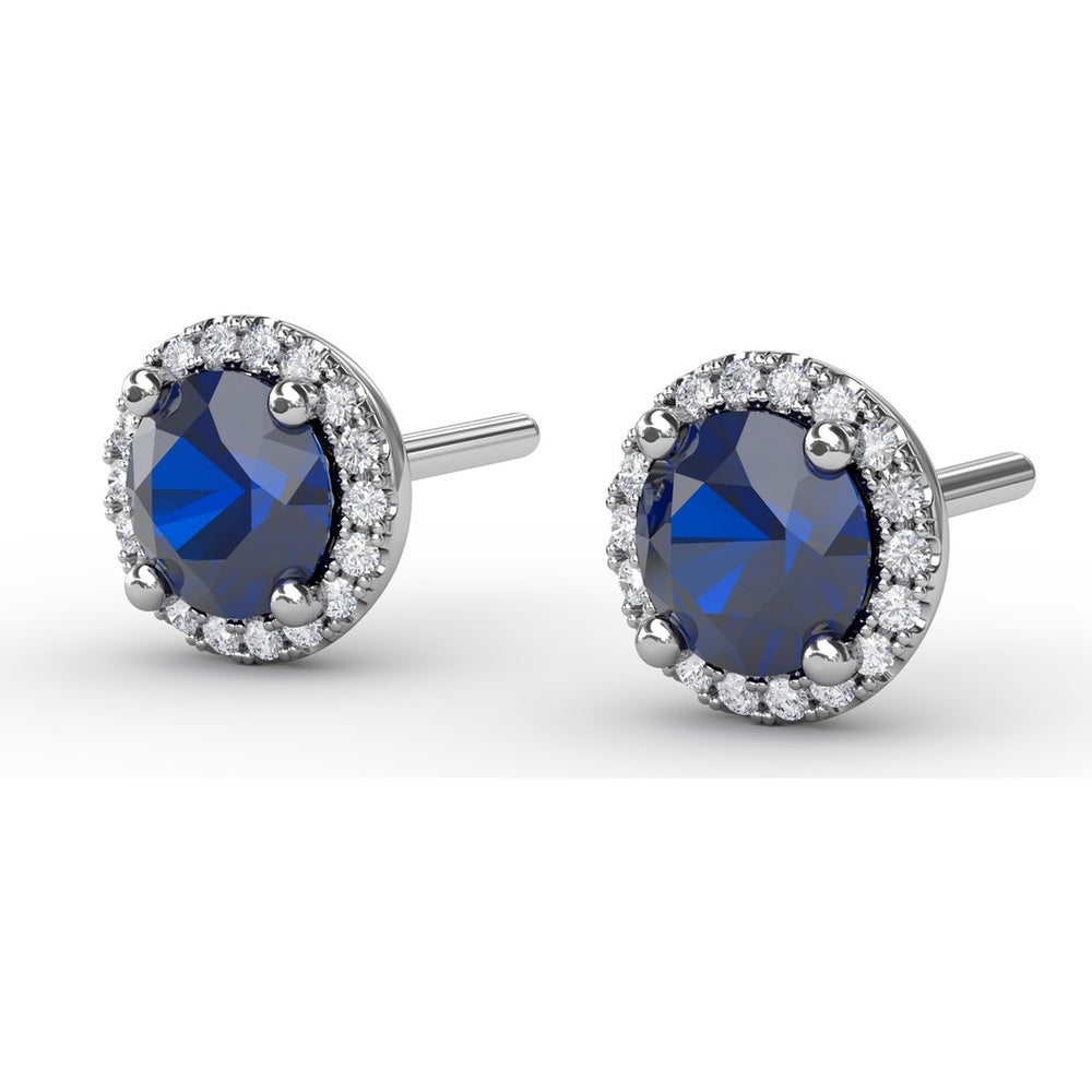 Halo Stud Earrings with Round Blue Sapphires and Pavé Diamond Surround by Fana - 1.50 Carat Total Gemstone Weight