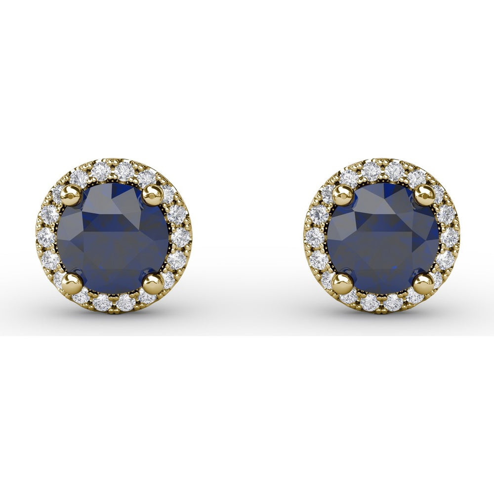 Halo Stud Earrings with Round Blue Sapphires and Pavé Diamond Surround by Fana - 1.50 Carat Total Gemstone Weight