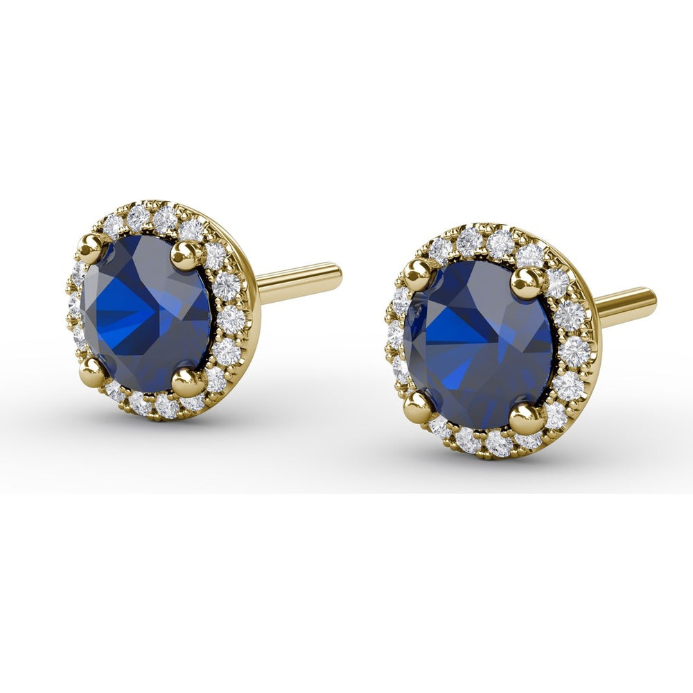 Halo Stud Earrings with Round Blue Sapphires and Pavé Diamond Surround by Fana - 1.50 Carat Total Gemstone Weight
