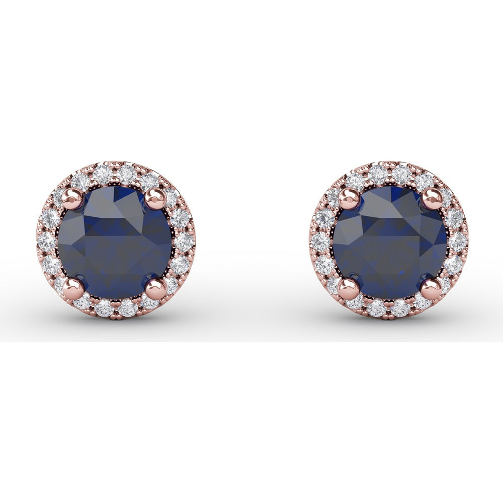 Halo Stud Earrings with Round Blue Sapphires and Pavé Diamond Surround by Fana - 1.50 Carat Total Gemstone Weight