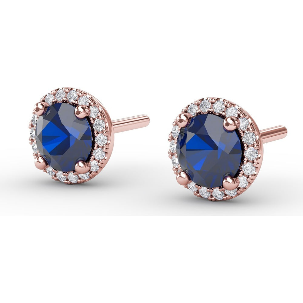 Halo Stud Earrings with Round Blue Sapphires and Pavé Diamond Surround by Fana - 1.50 Carat Total Gemstone Weight